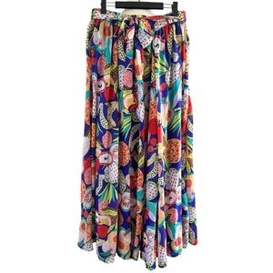 Her Destiny Tropical Fruit Print Maxi Skirt – Vibrant Tie Waist Flowy – Large